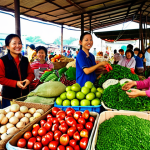**

A vibrant local market scene in Vietnam. Focus on fresh, organic produce being sold with clear labeling. Include smiling farmers (members of the cooperative) interacting with customers. The overall impression should be of a successful, community-focused business. Maybe have some traditional Vietnamese market elements visible.

**