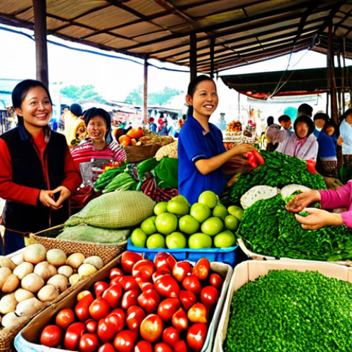**

A vibrant local market scene in Vietnam. Focus on fresh, organic produce being sold with clear labeling. Include smiling farmers (members of the cooperative) interacting with customers. The overall impression should be of a successful, community-focused business. Maybe have some traditional Vietnamese market elements visible.

**