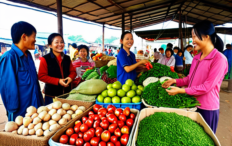**

A vibrant local market scene in Vietnam. Focus on fresh, organic produce being sold with clear labeling. Include smiling farmers (members of the cooperative) interacting with customers. The overall impression should be of a successful, community-focused business. Maybe have some traditional Vietnamese market elements visible.

**