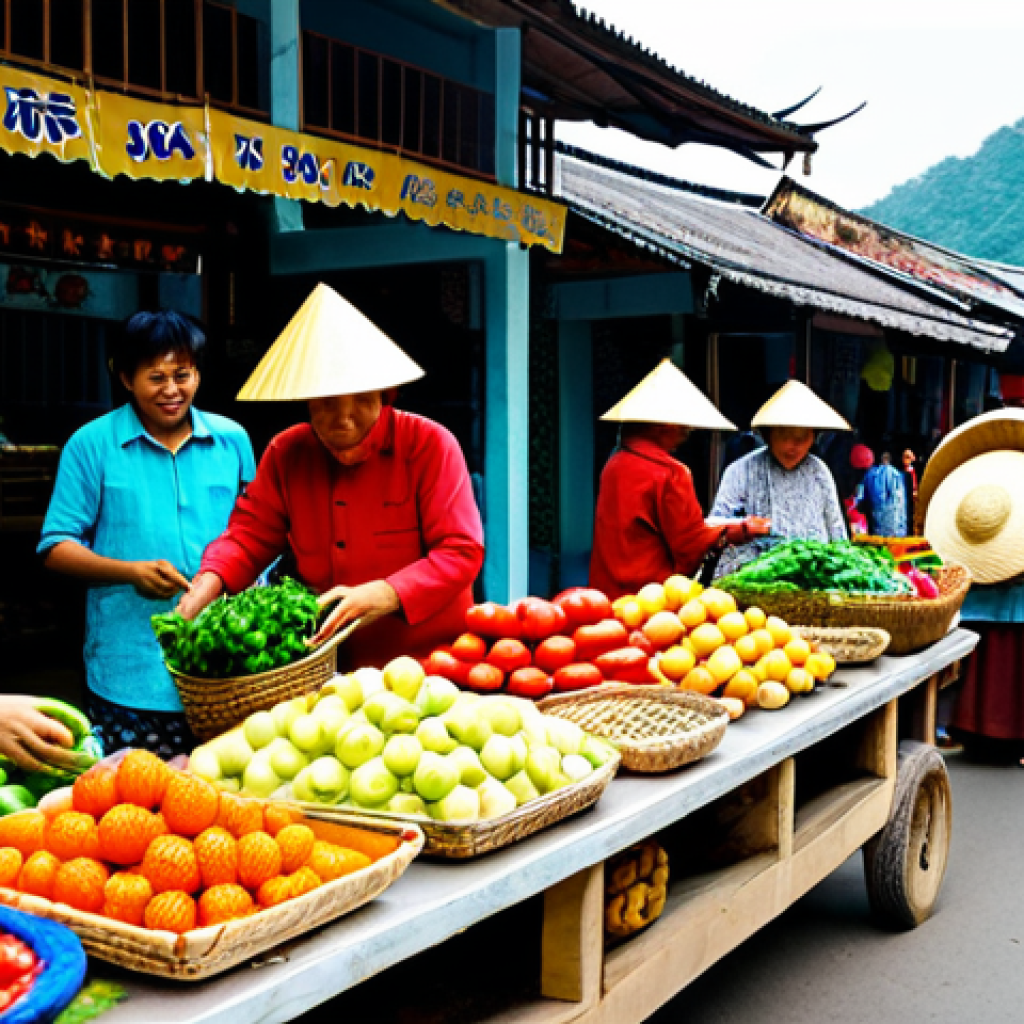 Cooperative Harmony**
A bustling Vietnamese cooperative marketplace. Farmers in traditional Ao Ba Ba clothing are selling fresh produce, crafts, and flowers. The scene is vibrant with colors, reflecting the energy of community commerce. Focus on the smiles and interactions between vendors and customers. In the background, a modern cooperative building is visible. Include details like woven baskets, conical hats (Nón Lá), and street food stalls. Safe for work, appropriate content, fully clothed, professional, family-friendly, perfect anatomy, correct proportions, natural pose, well-formed hands, proper finger count, natural body proportions.
**