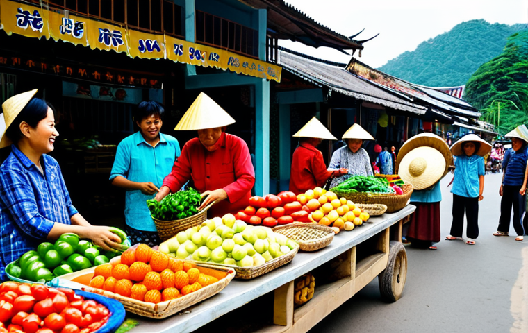 Cooperative Harmony**
A bustling Vietnamese cooperative marketplace. Farmers in traditional Ao Ba Ba clothing are selling fresh produce, crafts, and flowers. The scene is vibrant with colors, reflecting the energy of community commerce. Focus on the smiles and interactions between vendors and customers. In the background, a modern cooperative building is visible. Include details like woven baskets, conical hats (Nón Lá), and street food stalls. Safe for work, appropriate content, fully clothed, professional, family-friendly, perfect anatomy, correct proportions, natural pose, well-formed hands, proper finger count, natural body proportions.
**