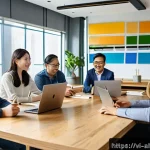 Home 16 협동조합의 협업 문화 조성하기 - A vibrant Vietnamese cooperative team meeting in a modern office setting, diverse group of professio...
