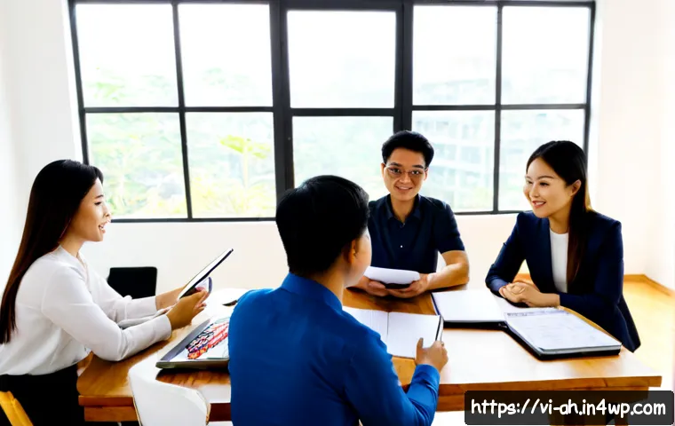 Home 17 한국에서 협동조합 창업하기 - Photorealistic Vietnamese cooperative startup meeting in a bright modern community workspace, divers...